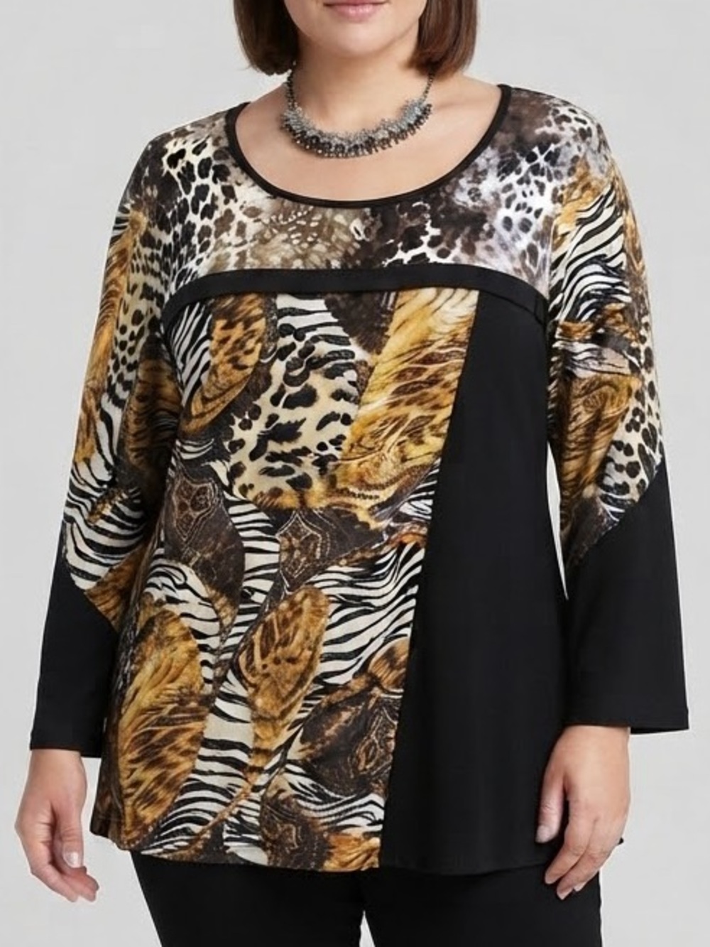 😍CLEARANCE - NESS  Black & Mustard Animal Print Mixed Panel Top XL